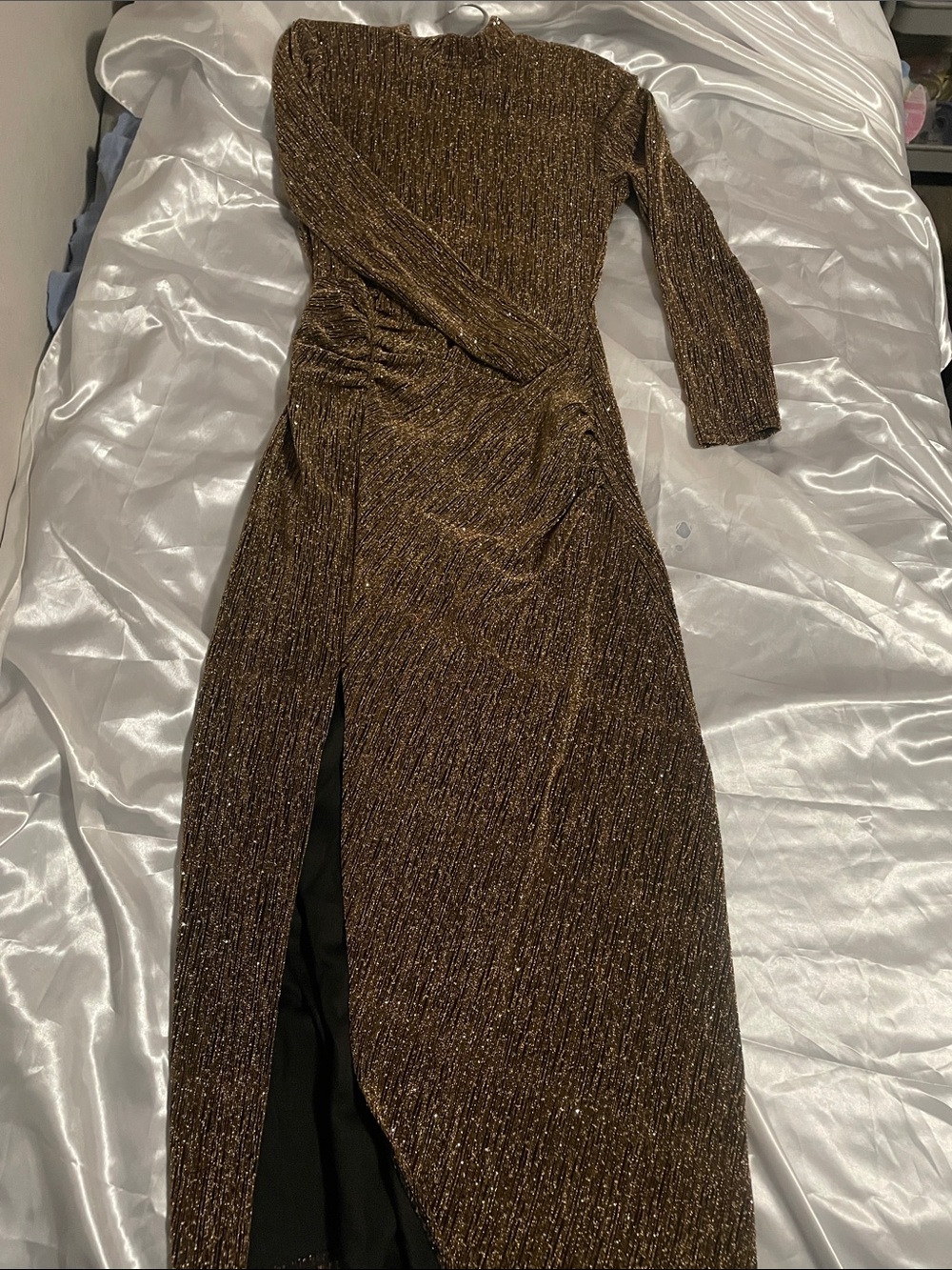Metallic Bronze Long-Sleeve Midi Dress with Twist Waist